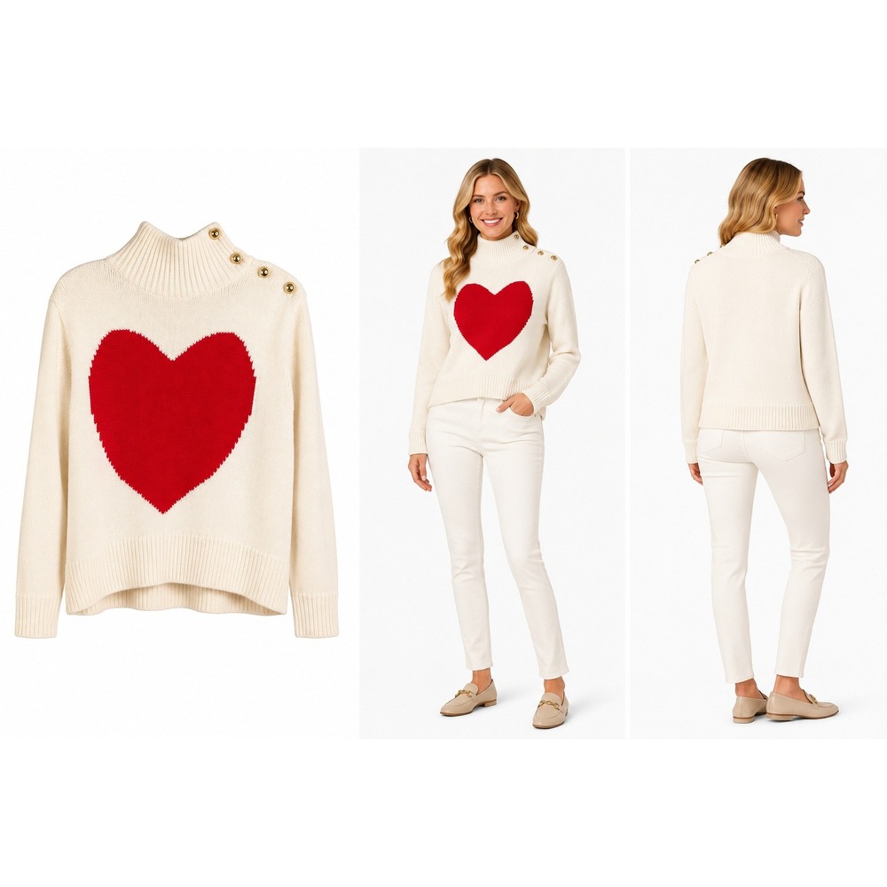 Kate Spade Sweater XS Cream Red Heart High Neck Gold Trim Valentine‎ Preppy